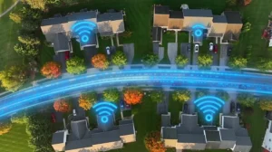 Aerial top-down view of American homes with glowing fiber optic lines and Wi-Fi symbols showing high-speed internet